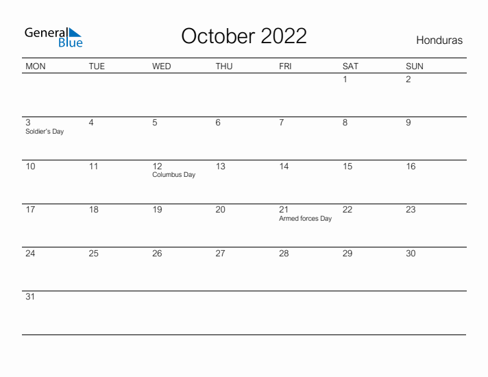 Printable October 2022 Calendar for Honduras