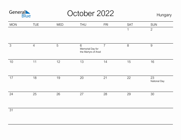 Printable October 2022 Calendar for Hungary