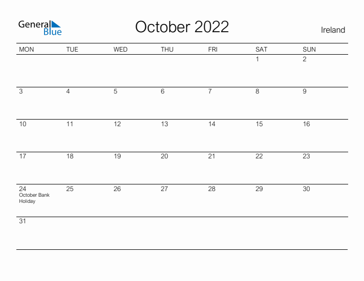 Printable October 2022 Calendar for Ireland
