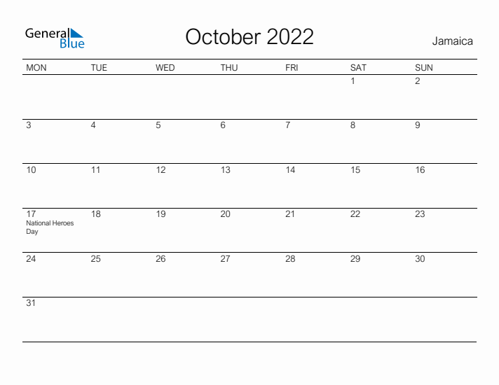 Printable October 2022 Calendar for Jamaica