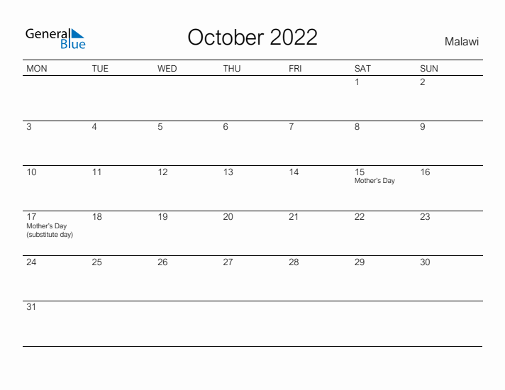 Printable October 2022 Calendar for Malawi