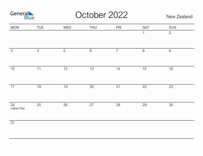 Printable October 2022 Calendar for New Zealand