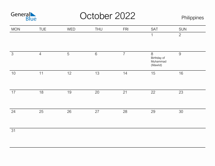 Printable October 2022 Calendar for Philippines
