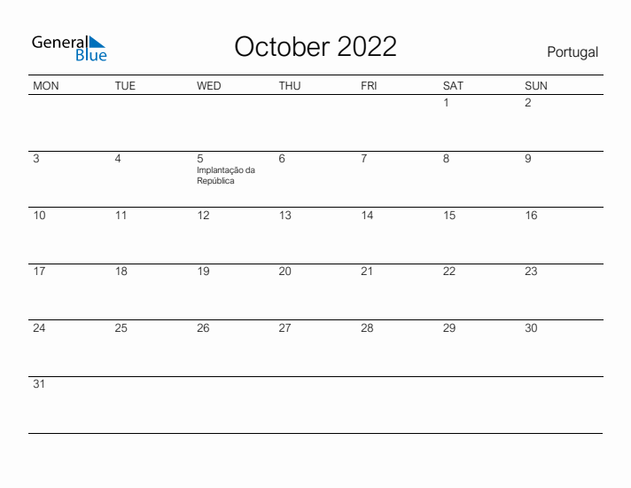 Printable October 2022 Calendar for Portugal
