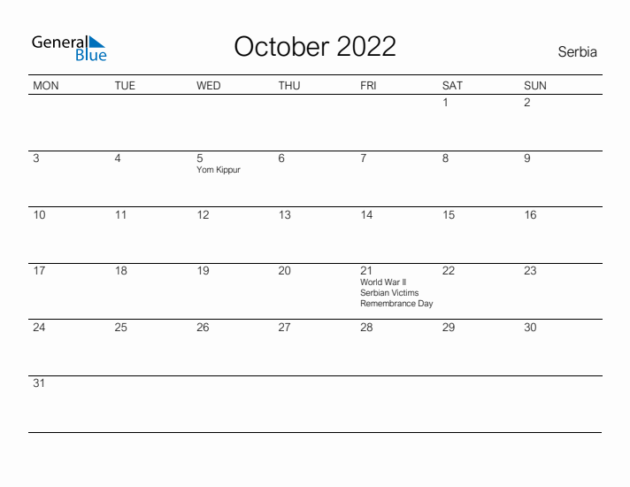 Printable October 2022 Calendar for Serbia
