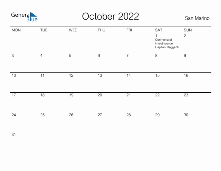 Printable October 2022 Calendar for San Marino