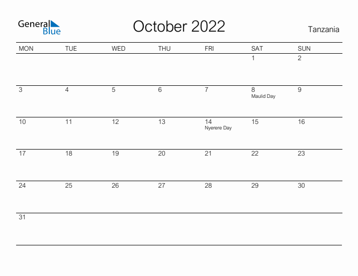 Printable October 2022 Calendar for Tanzania