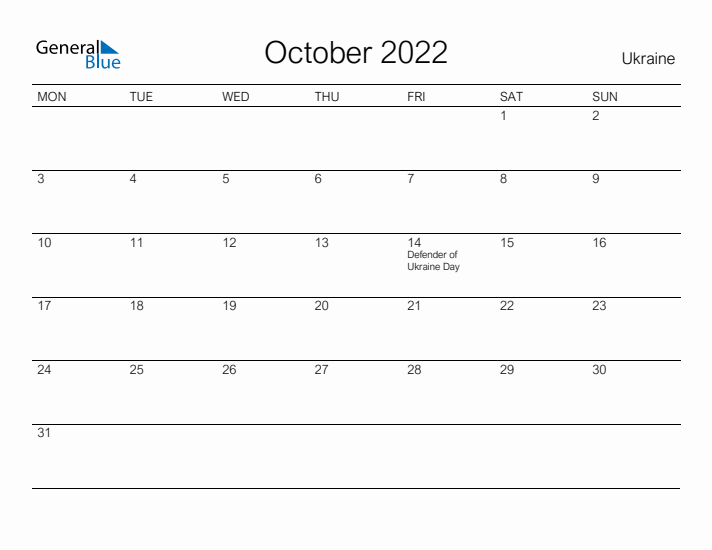 Printable October 2022 Calendar for Ukraine