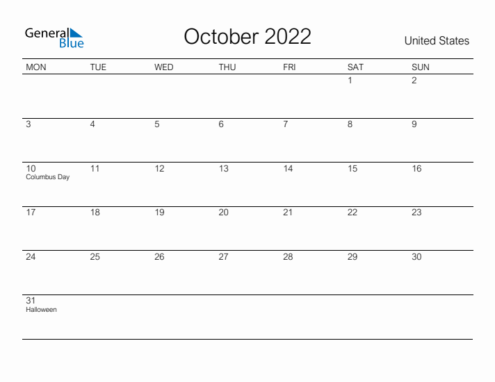 Printable October 2022 Calendar for United States