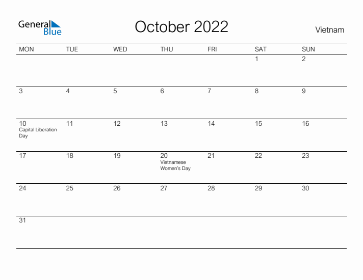 Printable October 2022 Calendar for Vietnam