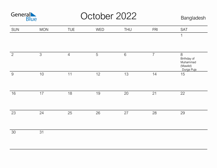 Printable October 2022 Calendar for Bangladesh