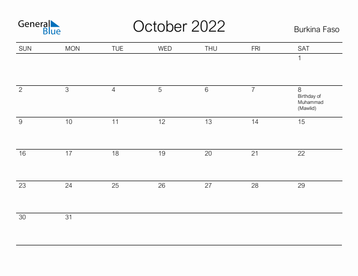 Printable October 2022 Calendar for Burkina Faso