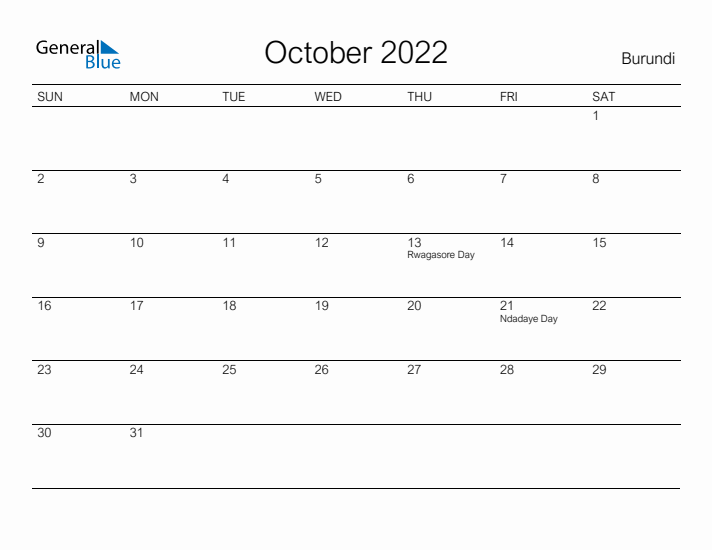 Printable October 2022 Calendar for Burundi