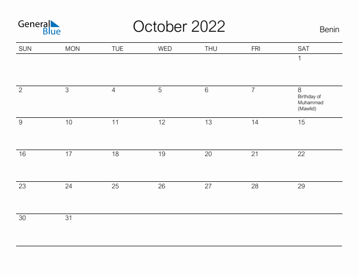 Printable October 2022 Calendar for Benin