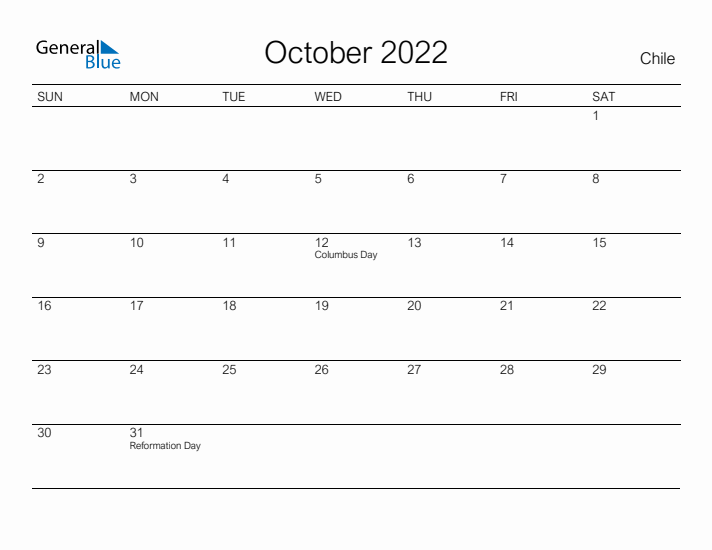 Printable October 2022 Calendar for Chile