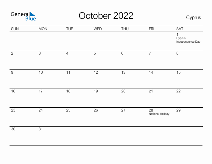 Printable October 2022 Calendar for Cyprus
