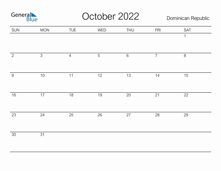 Printable October 2022 Calendar for Dominican Republic