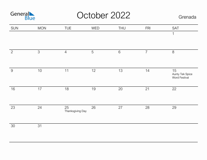 Printable October 2022 Calendar for Grenada