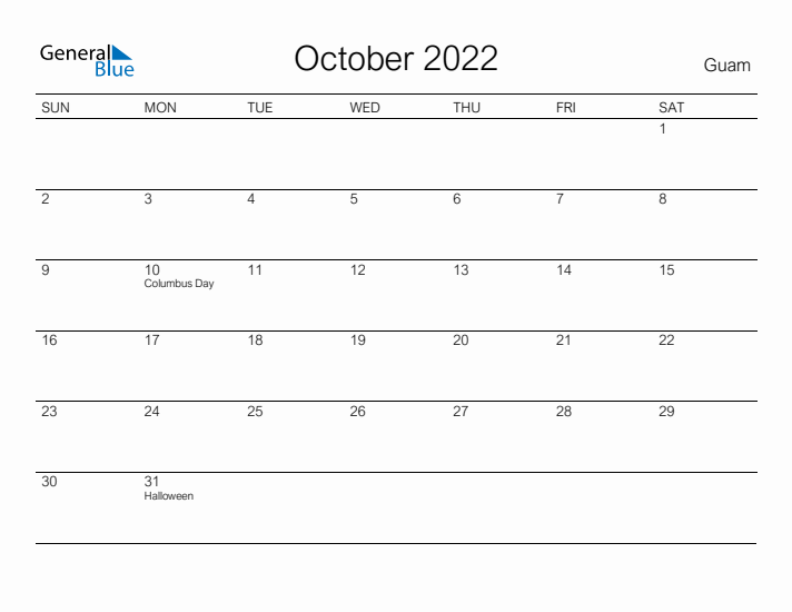 Printable October 2022 Calendar for Guam