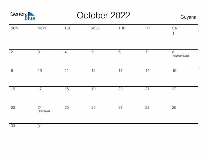 Printable October 2022 Calendar for Guyana