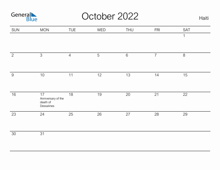 Printable October 2022 Calendar for Haiti