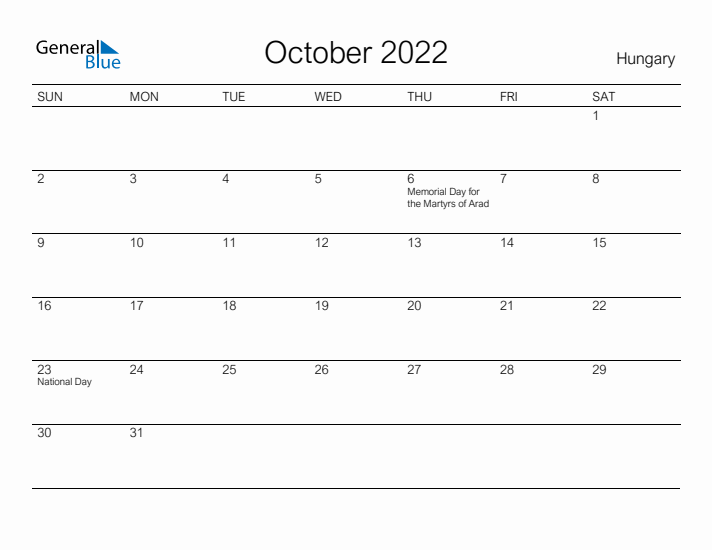 Printable October 2022 Calendar for Hungary