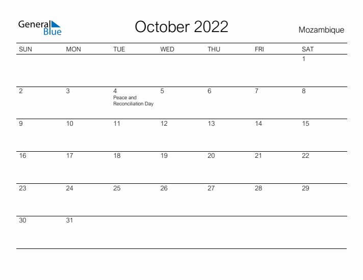 Printable October 2022 Calendar for Mozambique