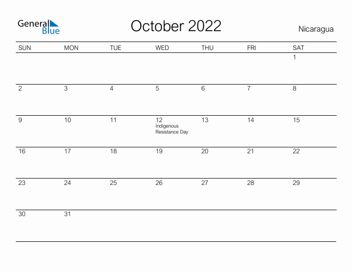 Printable October 2022 Calendar for Nicaragua