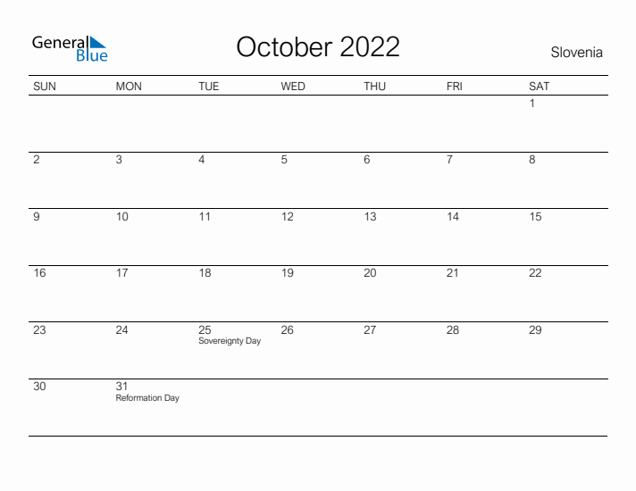 Printable October 2022 Calendar for Slovenia