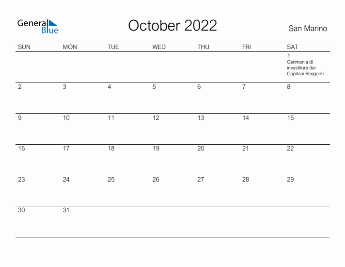 Printable October 2022 Calendar for San Marino