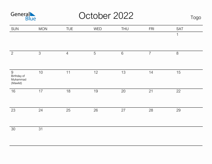 Printable October 2022 Calendar for Togo