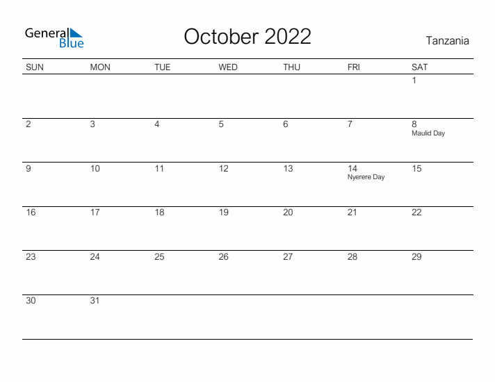 Printable October 2022 Calendar for Tanzania