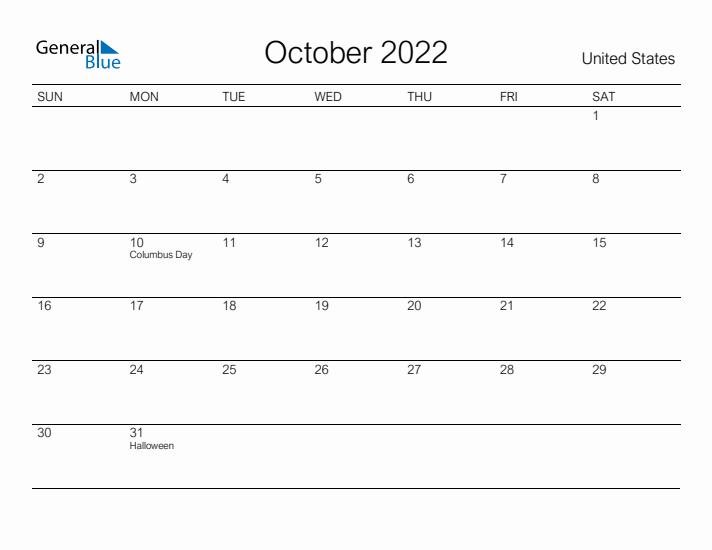 Printable October 2022 Calendar for United States