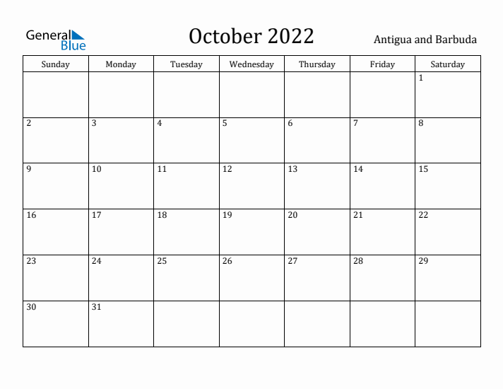 October 2022 Calendar Antigua and Barbuda
