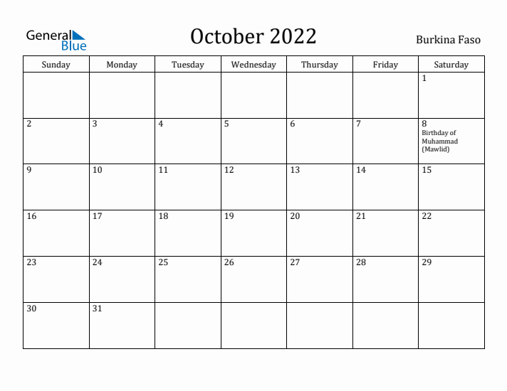 October 2022 Calendar Burkina Faso