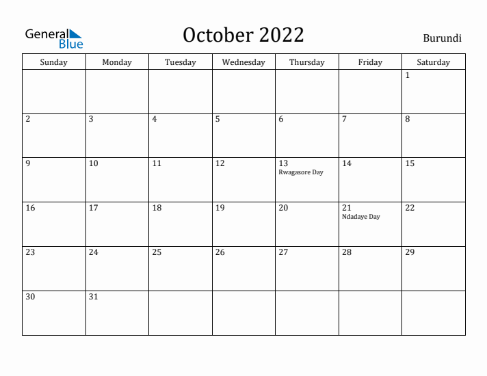October 2022 Calendar Burundi