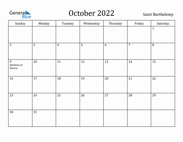 October 2022 Calendar Saint Barthelemy