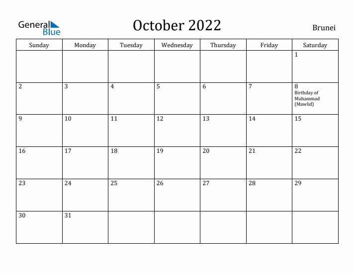 October 2022 Calendar Brunei