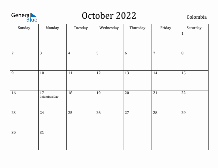October 2022 Calendar Colombia