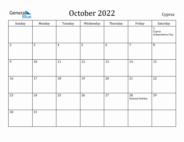 October 2022 Calendar Cyprus