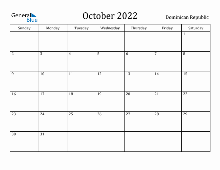October 2022 Calendar Dominican Republic