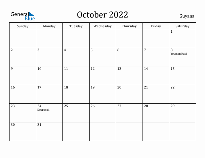 October 2022 Calendar Guyana