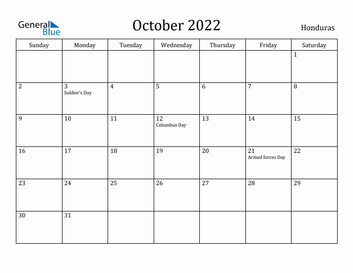 October 2022 Calendar Honduras