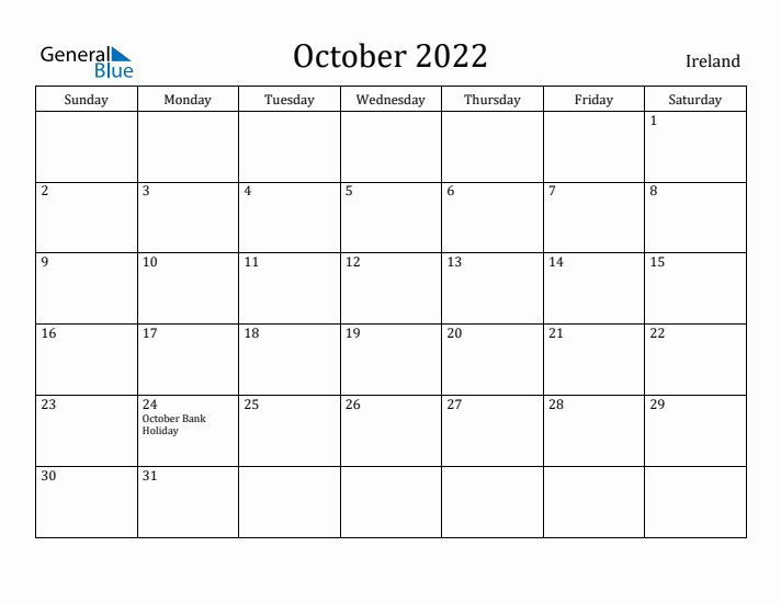 October 2022 Calendar Ireland