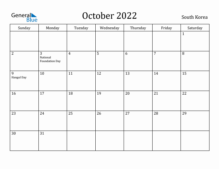 October 2022 Calendar South Korea