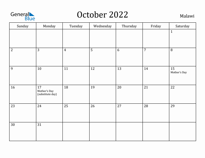 October 2022 Calendar Malawi