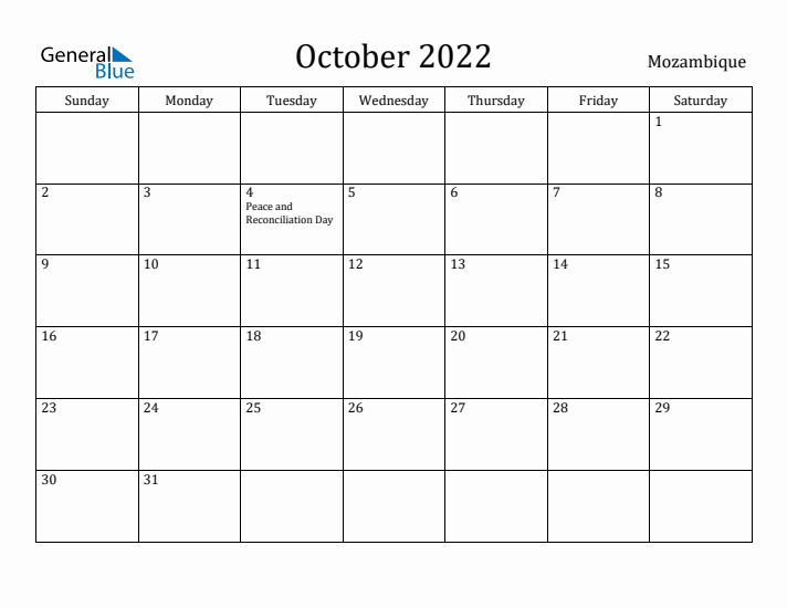 October 2022 Calendar Mozambique