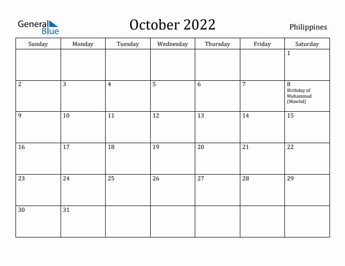 October 2022 Calendar Philippines