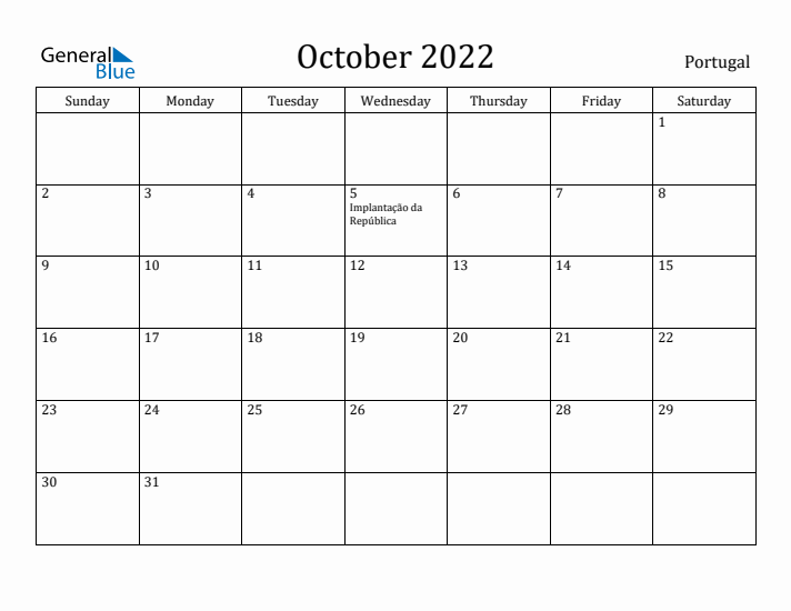 October 2022 Calendar Portugal