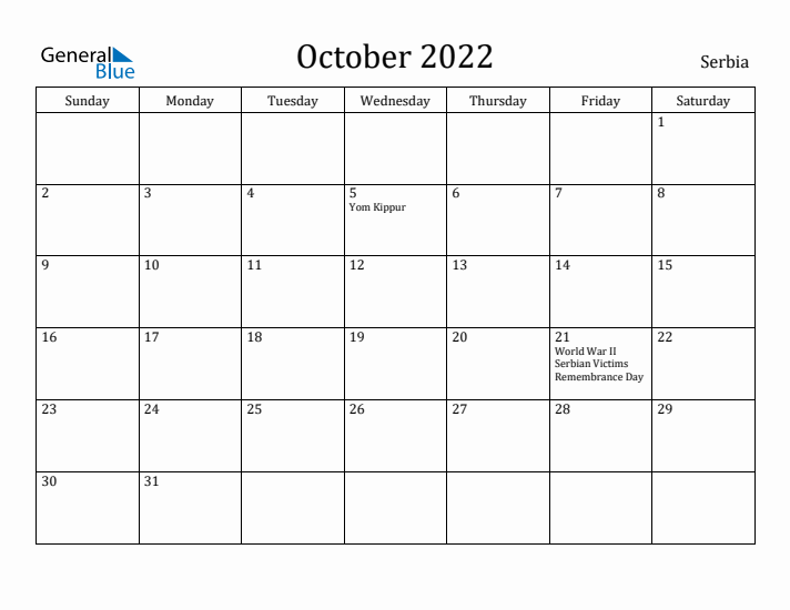 October 2022 Calendar Serbia
